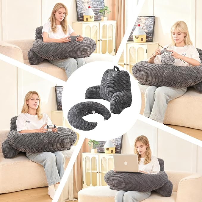 19" Reading Pillow for Bed,U Shaped Arm & Elbow Support,Gray Corduroy | Backrest Supports Back,U Shaped Lap Pillow Cushions Arms,Elbows & Wrists,Ribbed Corduroy for Reading,Gaming,Watching TV