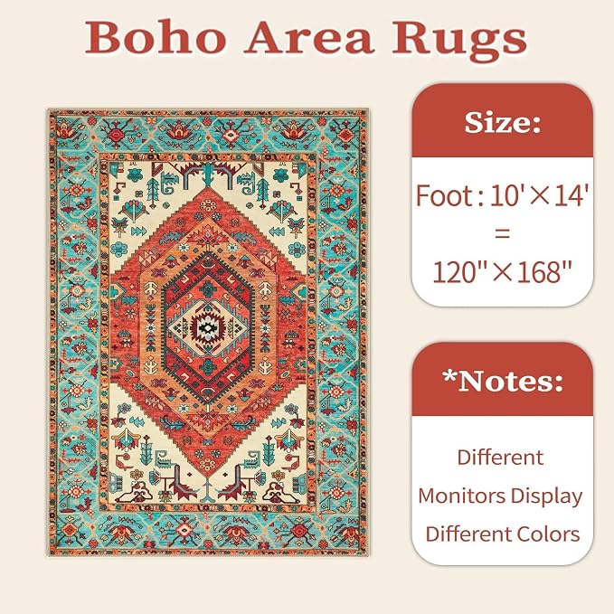 SERISSA 10x14 Area Rugs for Living Room, Large Washable Non-Slip Boho Rug, Ultra Soft Vintage Oriental Orange Print Distressed Carpet for Dining Room Bedroom Office Home Decor