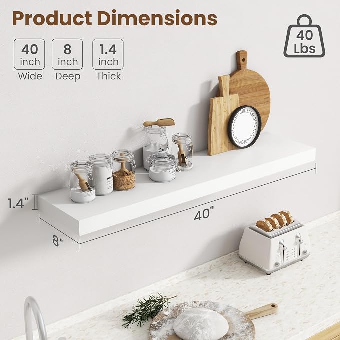 40 Inch Floating Shelves for Wall, 8 Inch Deep Floating Shelf for Storage & Display, Rustic Wall Mounted Shelf with Invisible Brackets for Living Room, Kitchen, Bathroom, Home Decor, Set of 2, White