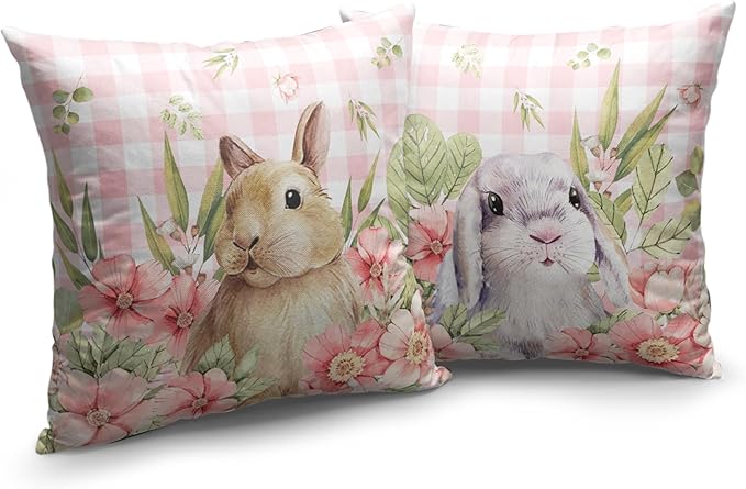 Easter Bunny Pillow Covers 24x24 Set of 2 Spring Floral Decorative Pillowcase Cute Rabbit Cotton Linen Cushion Case Pink Plaid Throw Pillow Covers for Sofa Patio Outdoor
