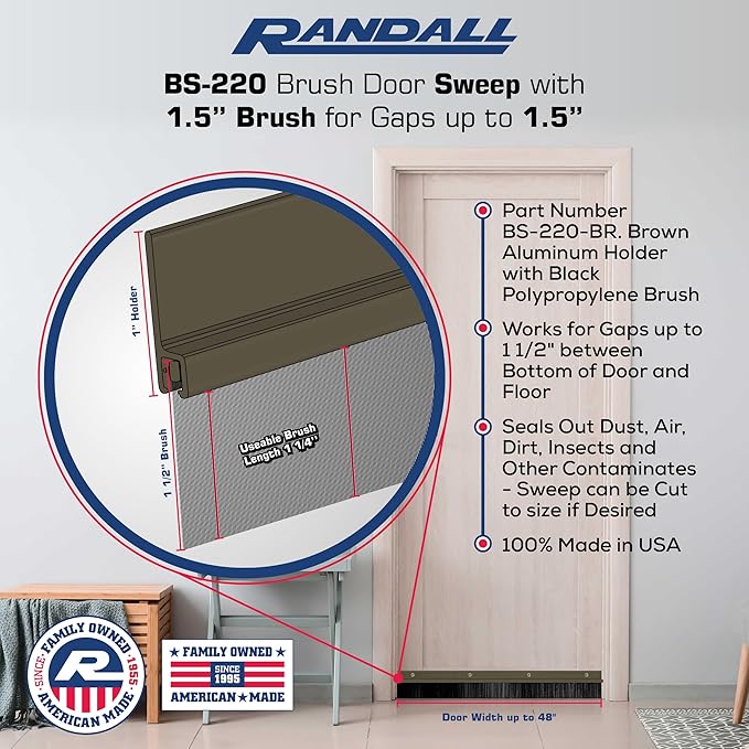 Randall Manufacturing Co., Inc | Door Sweeps – Aluminum & Brush | Brush Sweeps for Gaps Up to 1 ½” | Brown Trim with Black Brush | 4 FT | Fill Gaps & Keep Unwanted Debris Out