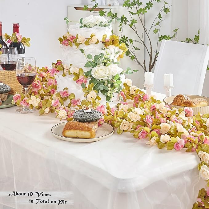PONKING 6 Pcs x 8.2 ft Flower Garland Artificial Rose Vine Flowers with Green Leaves Hanging Fake Roses Vine for Room Party Home Wedding Birthday Christmas Wall Arch Decor, Pink Champagne Flower