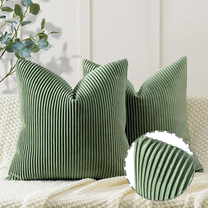 YCOLL Sage Green Spring Pillow Covers 18x18 Set of 2 Velvet Striped Pattern - Soft Throw Pillows for Home Decor, Luxury Decorative Pillow Covers for Couch, Bed,Living Room