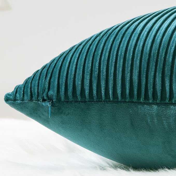 YCOLL Teal Pillow Covers 24x24 Set of 2 Velvet Striped Pattern - Soft Throw Pillows for Home Decor, Luxury Decorative Pillow Covers for Couch, Bed,Living Room