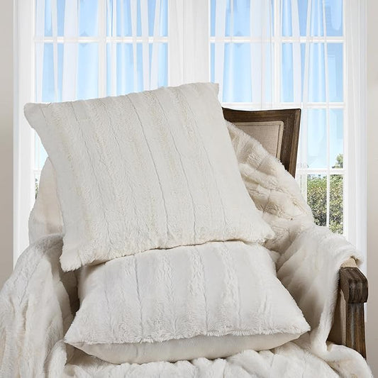 Cheer Collection Faux Fur Throw Pillows - Decorative Pillows for Couch, Bed Throw Pillows, White Accent Pillows for Bedroom or Living Room Aesthetic, Set of 2 Furry Throw Pillows, 16" x 16"