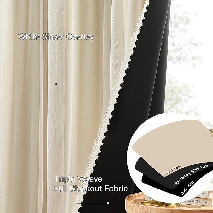 XiDi Beige Double Layer Curtains with Sheer Overlay for Girls Bedroom Living Room 2 Panels Beige Blackout Curtains 96 Inches Long for Kid Nursery Room Decor Thermal Insulated Grommet Drapes W34 x L96
