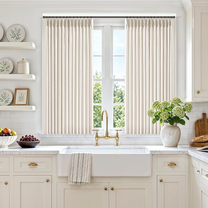 Pinch Pleated Kitchen Linen Curtains 45 Inches Long Natural Cream Semi Sheer Pinch Pleat Back Tab Short Curtains for Laundry Bathroom Boho Light Filtering Burlap Curtains for Bay Windows 2 Panels