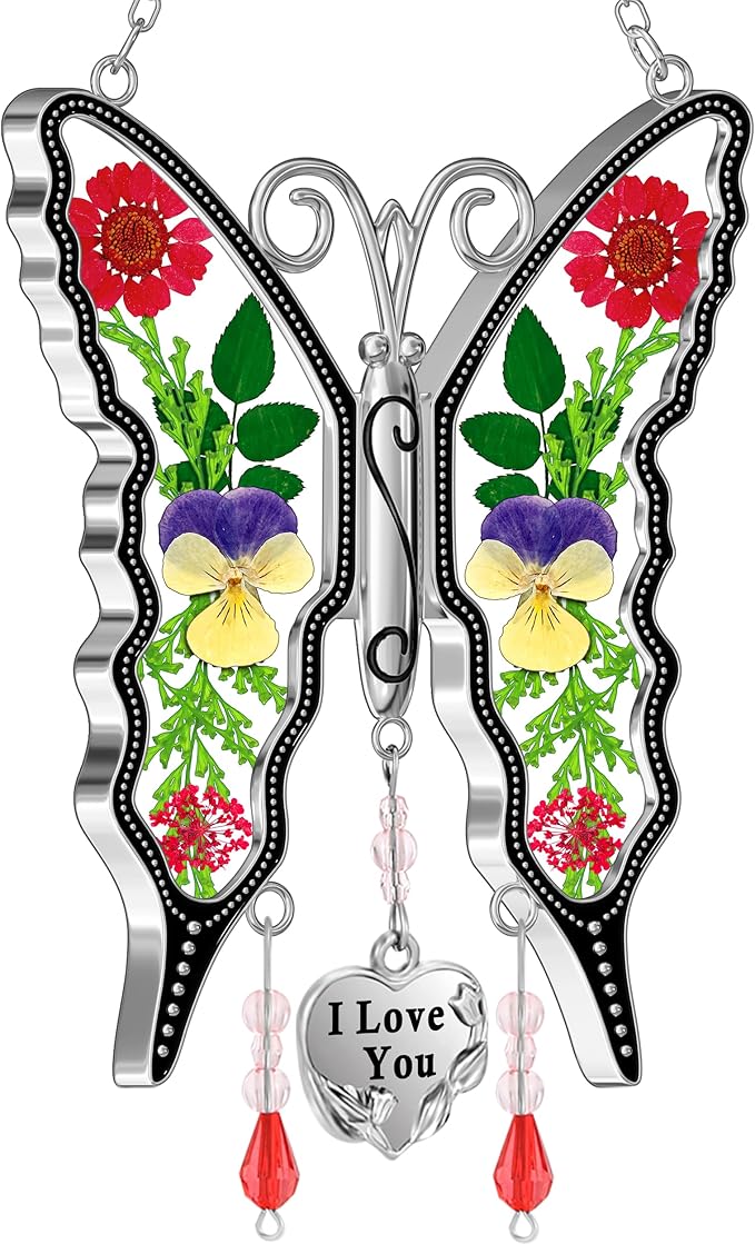 KY&BOSAM Butterfly Suncatcher I Love You Stained Glass Window Hanging Wind Chime Ornament with Pressed Dried Flowers Wings and Metal Heart Charm for Mom Mothers Day Valentines Birthday Christmas