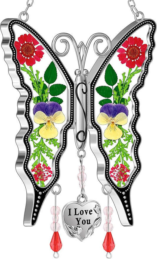 KY&BOSAM Butterfly Suncatcher I Love You Stained Glass Window Hanging Wind Chime Ornament with Pressed Dried Flowers Wings and Metal Heart Charm for Mom Mothers Day Valentines Birthday Christmas