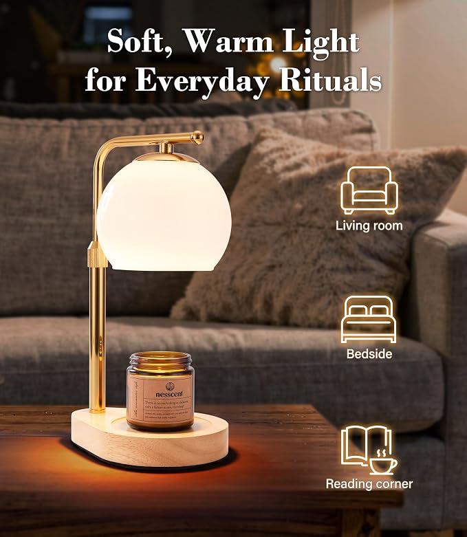 White Glass Candle Warmer Lamp Adjustable Height with Timer 2 4 8H | Warm Gold Hardware | Natural Wood Base | Dimmer Wax Melt Warmer Includes Candle and Bulbs