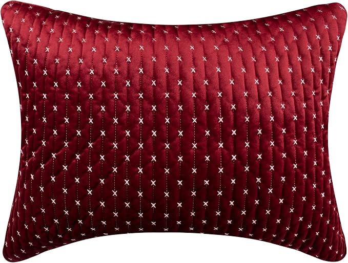 Levtex Home - Cross Stitch Velvet Red Quilt Set - King Quilt + Two King Pillow Shams - Cross Stitched Pattern - Quilt Size (106x92in.) and Pillow Sham Size (36x20in.) - Reversible