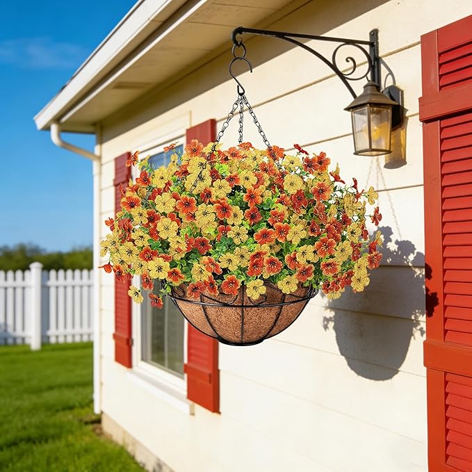 Artificial Fake Hanging Flowers Plants Basket Outdoors, Faux Silk UV Resistant Look Real Daisy Eucalyptus for Spring Summer Garden Porch Home Patio Balcony Yard Decorations, Orange Yellow