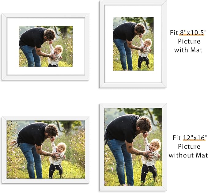 Picrit 12x16 Picture Frame Set of 12, Display 8.5x11 with Mat or 12x16 without Mat, Photo Frames for Wall Mounting Display, White