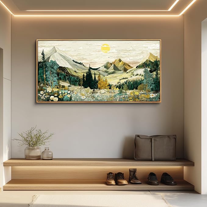 XIGUANGART Mountain Framed Wall Art,Large Canvas Wall Art - Floral Abstract Painting Decor, Vintage Flower Pictures,Modern Farmhouse Landscape Art Prints for Living Room Bedroom Office Home Decoration