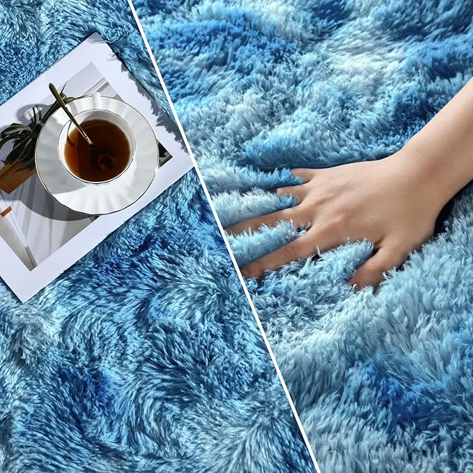 Deerhoo Large Shag Area Rugs 5 x 8, Tie-Dyed Plush Fuzzy Rugs for Living Room, Ultra Soft Fluffy Furry Rug for Bedroom, Indoor Carpet Nursery Rugs for Kids Room Home Decor, Bright Blue
