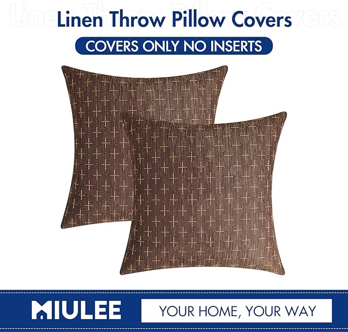 MIULEE Pack of 2 Decorative Vintage Burlap Linen Brown Throw Pillow Covers Modern Farmhouse Pillowcases Rustic Woven Textured Cushion Cover for Sofa Couch Bed 18x18 Inch Dark Coffee