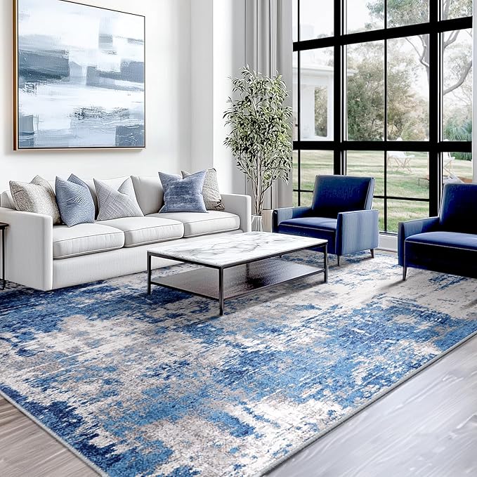 RELEANY Washable Area Rugs Square 8ft Non-Slip Modern Abstract Soft for Living Room Entryway Bedroom Nursery, Print Pattern, Blue Grey Navy Gray