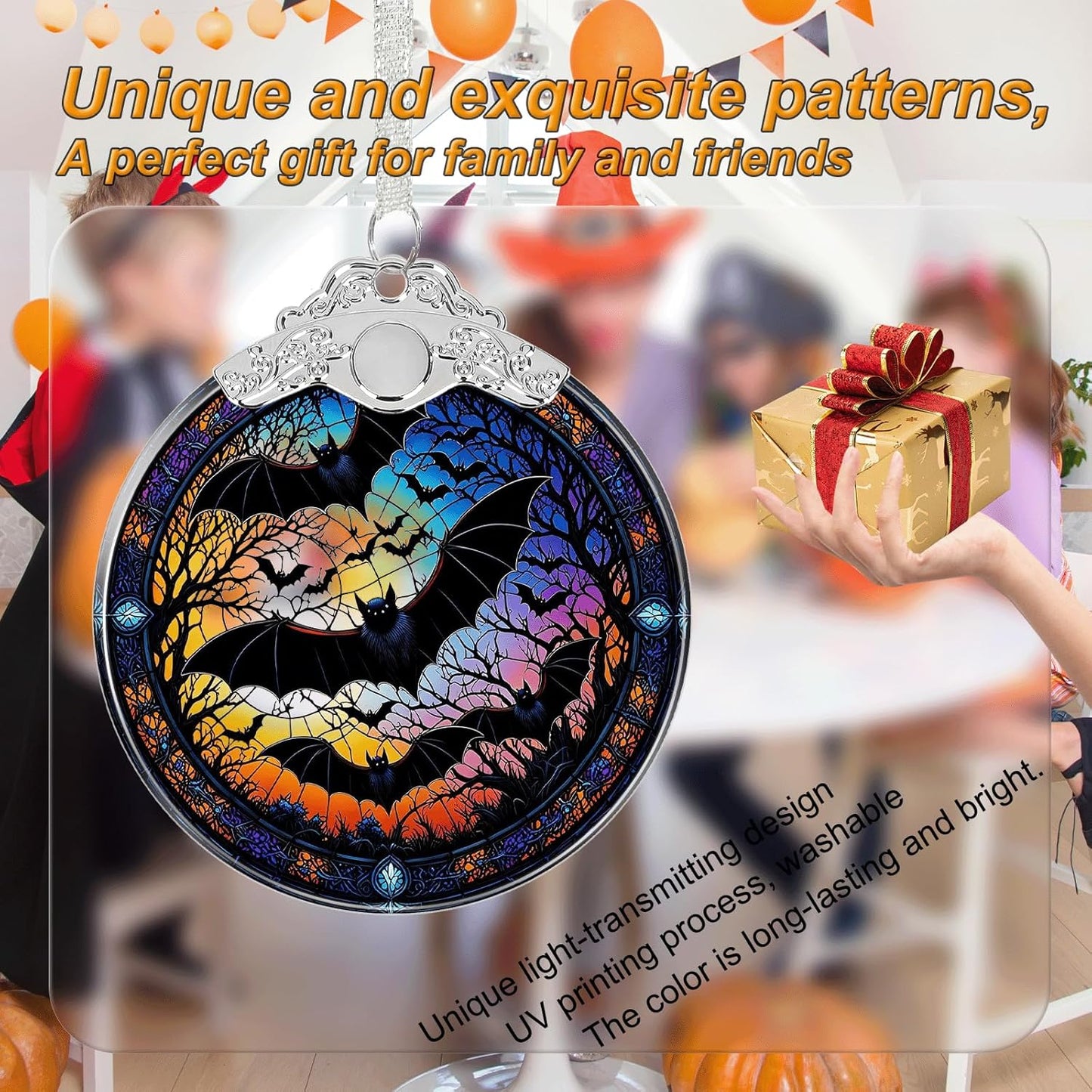 Bat Under Moonlight Halloween Christmas Tree Ornament Glass- Hanging Ornaments for Christmas Tree Decorations - Holiday Keepsake Present Exchange Idea