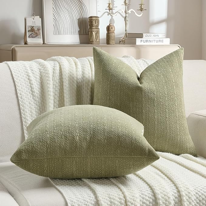 FUTEI Sage Green Chenille Throw Pillow Covers 24x24 Inch Set of 2,Soft Striped & Diamond Textured European Cushion Cases,Modern Home Decor for Couch Living Room