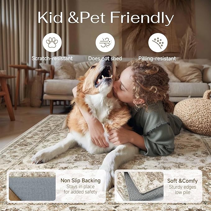 2x6 Washable Neutral Runner Rug Brown Vintage Hallway Kitchen Carpet Non-Slip Soft Low Pile Farmhouse Throw Rug for Bedroom Bathroom Laundry Living Room