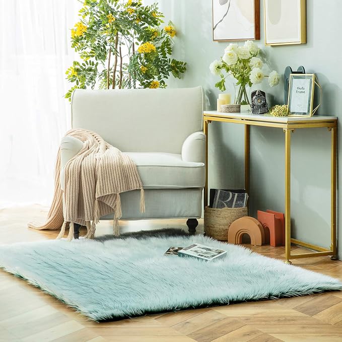 Ashler Faux Fur Rug, Fluffy Shaggy Area Rug, Ultra Soft 4 x 6 Feet Rectangle, Frosted Bottom, Spring Green, Fuzzy, Machine Washable, Shag, Nursery Decor, Throw Rugs for Bedroom, Living Room