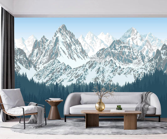 -Forest Snow Mountain Peaks Blue Sky Wallpaper Bedroom Living Room XT09 M 140" x 91"