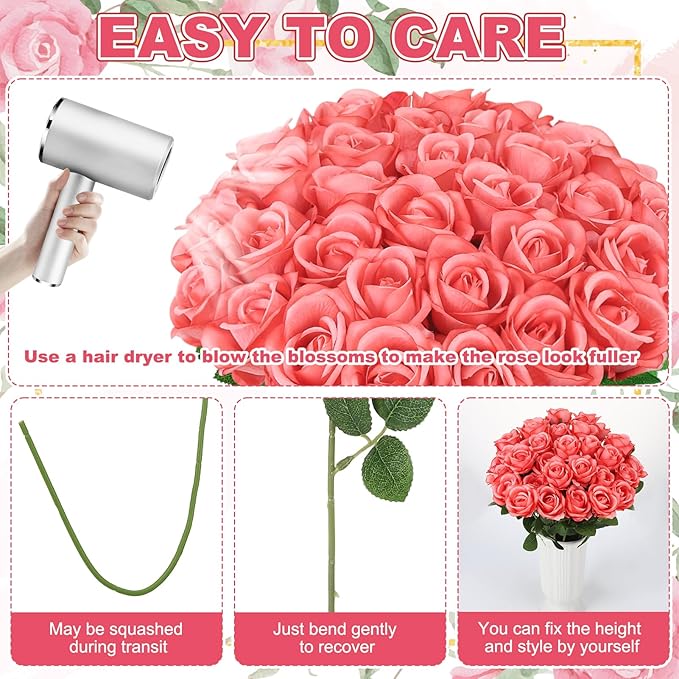 36 Pcs Deep Pink Artificial Roses with Long Stems, Fake Silk Rose Artificial Flowers Bulk for Bridal Wedding Bouquet Centerpiece Ball Arrangement Party Decor