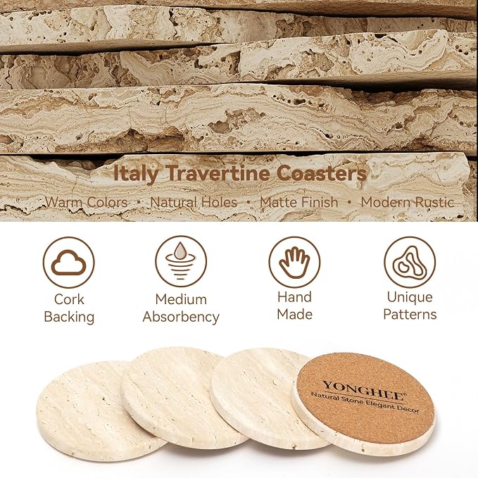 Travertine Marble Coasters Set of 4, 4" Round Rustic Farmhouse Drink Coasters for Coffee Table Decor, Thick Heavy Stone Coaster with Cork Backing, New Home Accent, Gift Boxed for Housewarming