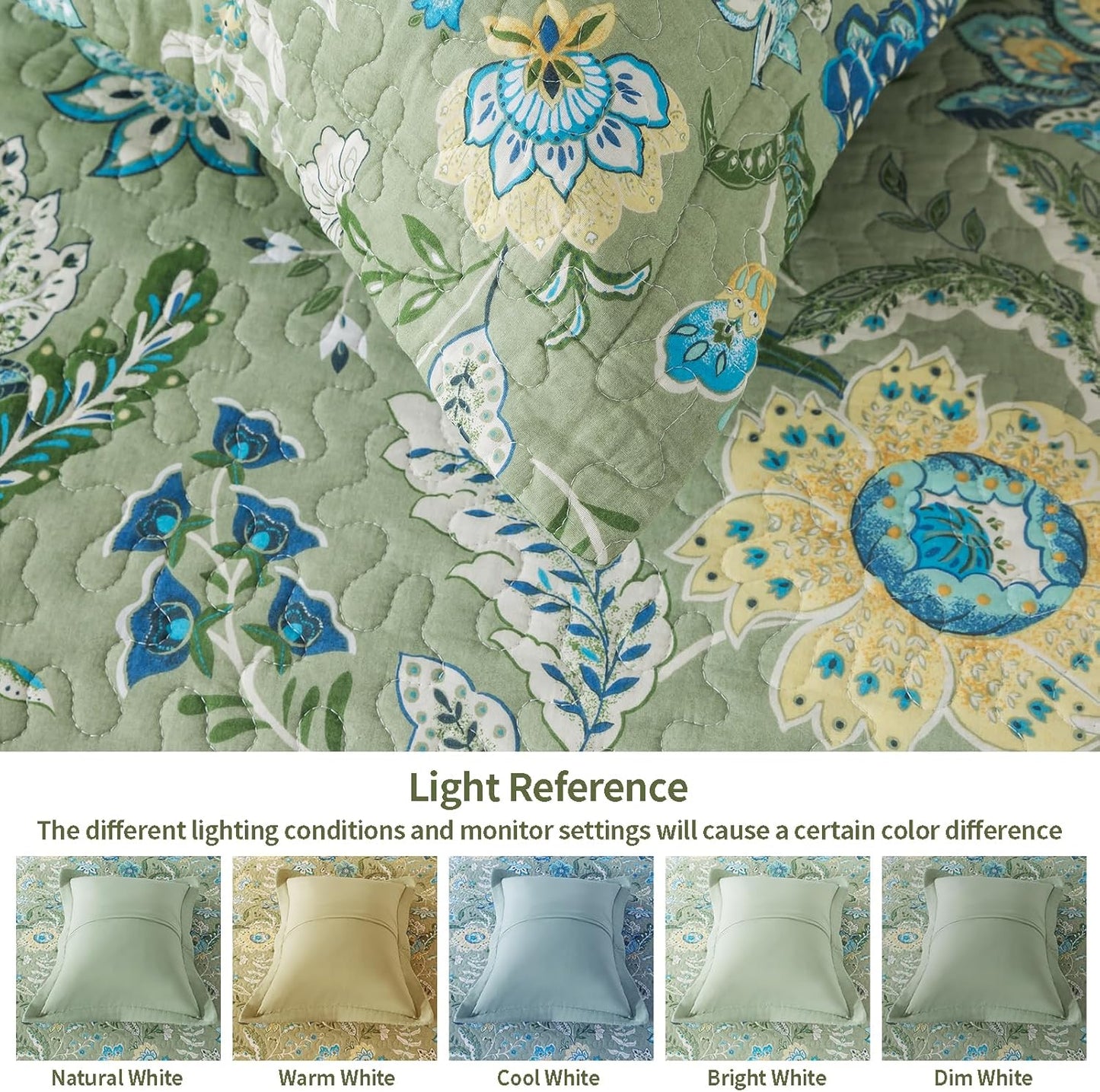 VAPUTAR Queen Quilt Bedding Set - Cotton Bedspreads Queen Size (90 x 98 inch) with Floral Pattern, Farmhouse Lightweight Queen Size Quilt Suitable for All Season（3 Pieces, Olive Green）