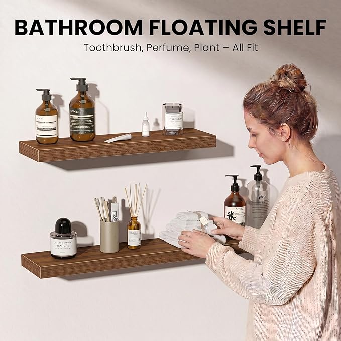 Fun Memories Floating Shelves for Wall, 12 Inch Set of 3 Rustic Wood Wall Shelves with Invisible Brackets, Heavy Duty Storage Display for Bathroom Bedroom Living Room Kitchen, Walnut