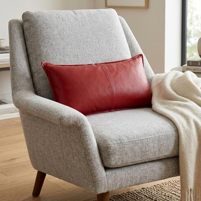 Genuine Leather Pillow Cover Case for Lumbar Throw Couch Pillows - Modern Farmhouse Decorative Sofa Thick & Soft Cushion Covers (Red, 12" x 20")