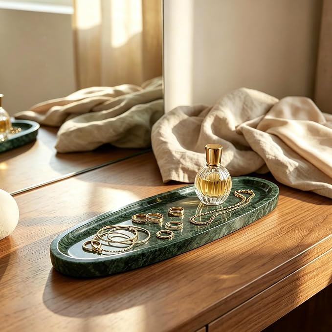 Natural Marble Vanity Tray, 16.6"x4.6" Green Real Stone Decorative Tray for Bathroom Countertop & Home Decor, Catchall Organizer for Jewelry, Candles, Cosmetics & Perfume（Green）