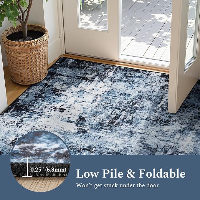 Rugflix 3x5 Entrance Rugs, Entry Rug Washable Non-Slip Stain-Resistant Low Pile Small Modern Dark Carpet, for Living Room Bedroom Indoor, Navy Blue/Black