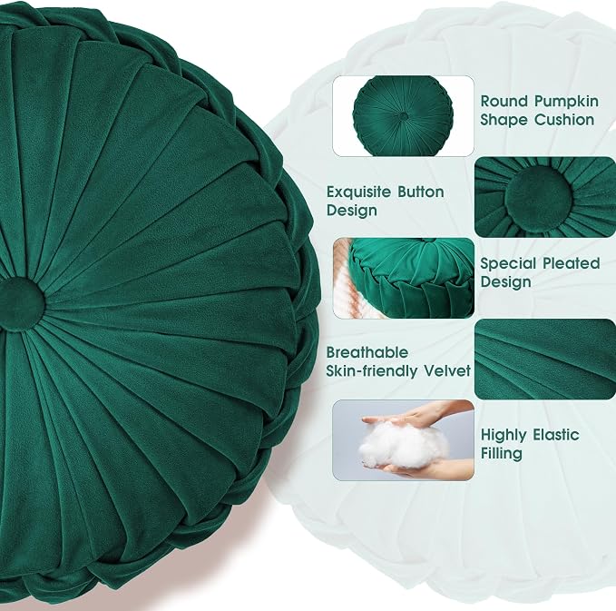 ROSE&RISY Round Pleated Velvet Throw Pillow, 1 Pack Decorative Accent Pumpkin Pillow Cushion for Couch Sofa Bed, Soft Plush Retro Vanity Throw Pillows for Home Decor, 14.5 Inch, Teal