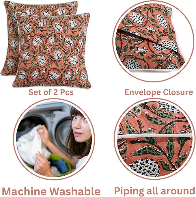 Ridhi Block Print Dark Salmon Pink Pillow Cover 18" x 18" (Pack of 2) Decorative Couch Pillows for Living Room, Chic Boho Cute Outdoor Pillows Covers Gifts for Spring, Easter and Valentine