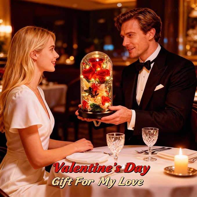 HipTree Preserved Red Rose in Glass Dome with LED Lights - Forever Eternal Real Rose Gifts for Women, Valentines Day Mothers Day Birthday Christmas Gift Wedding Anniversary for Mom Wife Girlfriend
