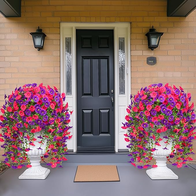 Dolicer 4 Pack Look Real Artificial Flowers for Outdoors, Fake Artificial Hanging Flowers for Outdoors Realistic UV Resistant Hanging Flowers Silk Petunia Faux Flowers for Porch Patio(Purple+Rose Red)