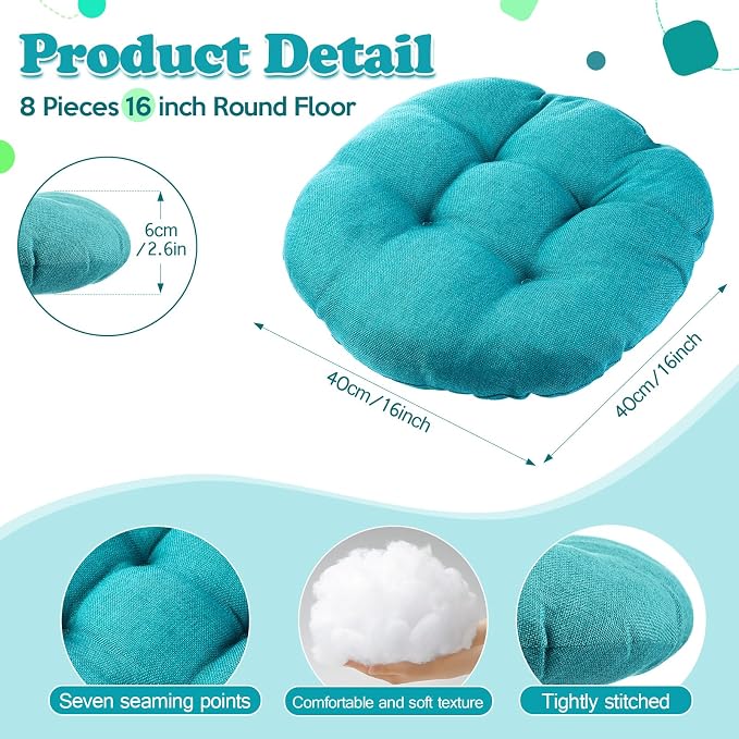 Fumete 8 Pcs 16 Inch Floor Cushions Pillow for Kids Bulk Classroom Round Flexible Seating Floor Cushions for Students Home Daycare School Reading Corner Yoga Meditation Picnic (Turquoise)