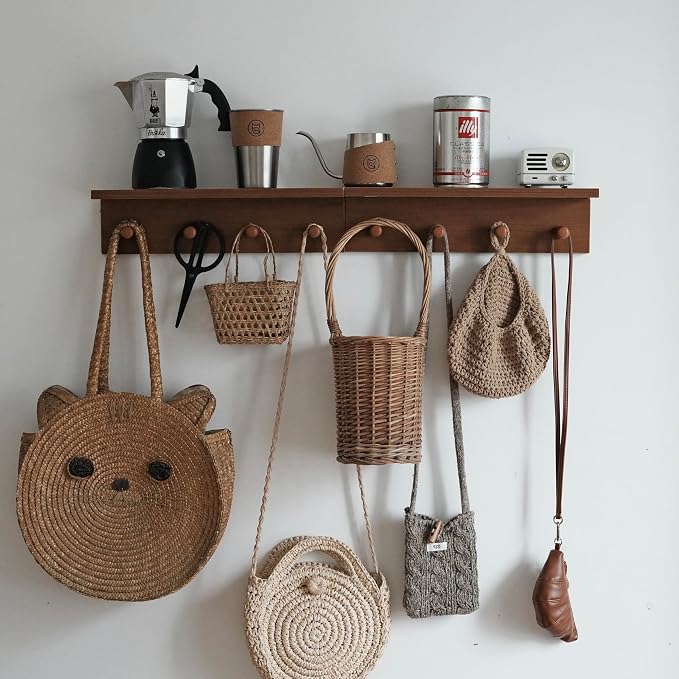 Wall Mounted Coat Rack with Shelf, Wooden Entryway Hooks, Teak Finish | Adjustable rail with movable wood hooks