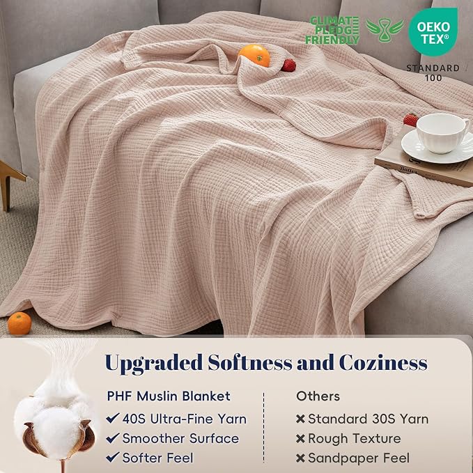 PHF 100% Cotton Muslin Throw XL Blanket Large 50" x 70", 4-Layer Lightweight Gauze Throw, Breathable Cloud-Soft Minimalist Blanket for Bed, Couch, Camping & Baby, Dusty Pink, Ideal Gift