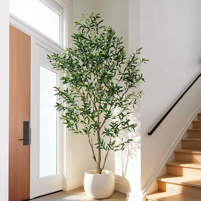7FT Artificial Olive Tree with Realistic Leaves & Natural Trunk, Faux Silk Olive Plant in White Planter, Tall Fake Tree for Modern Home Office Living Room Entryway Corner Decor, Maintenance Free