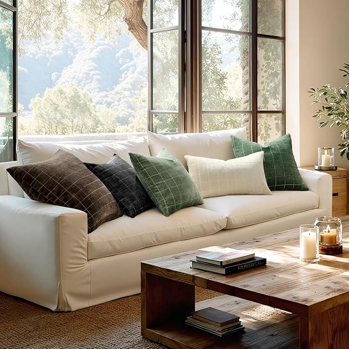 MIULEE Decorative Chenille Check Throw Pillow Covers Vintage Plaid Couch Pillows 18x18 Inch Set of 2 Neutral Boho Farmhouse Cushion Covers Modern Spring Home Decor for Sofa Bed Living Room Sage