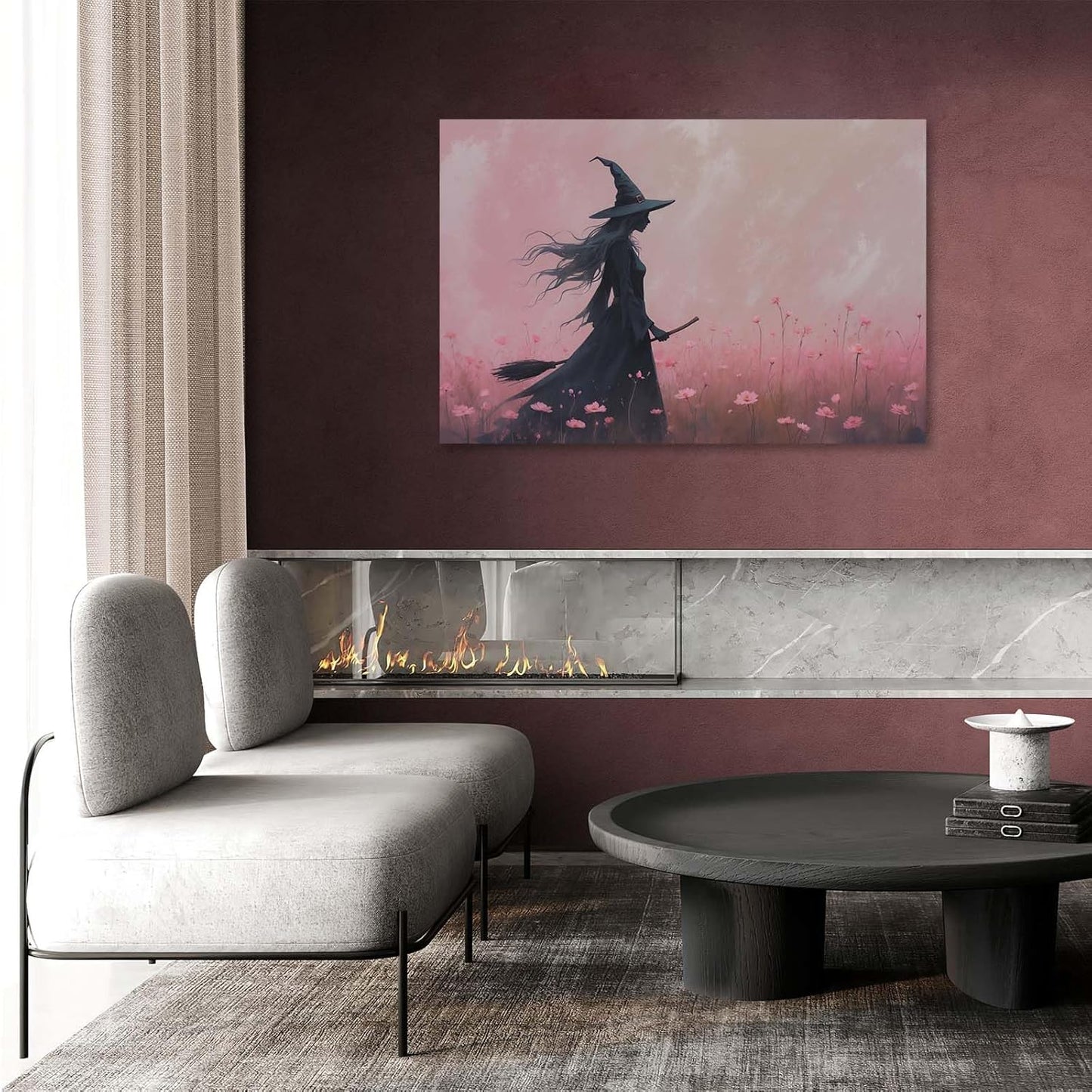 JFHCQJPK Witch in the pink sea of flowers Halloween prints weird flowers wall art silhouette painting fashionable romantic decoration suitable for bedroom8x12in Frameless