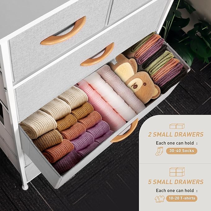 Mifuro Tall Dresser for Bedroom, Vertical Storage Organizer Tower with 7 Drawers, Chest of Drawers with Fabric Bins, Steel Frame, Wood Top for Bedroom, Closet, Entryway- Light Grey