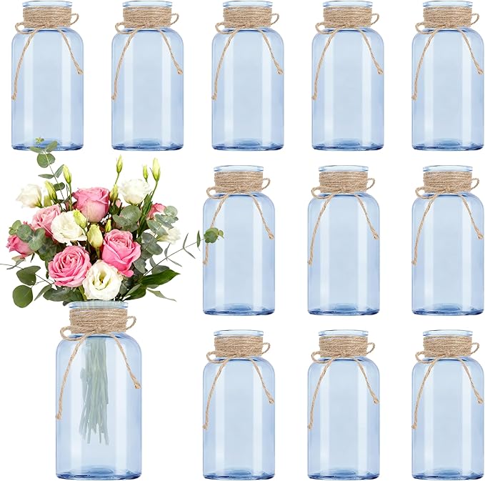 Vintage Glass Flower Vase, Farmhouse Glass Centerpiece Vases Mason Jars for Weddings, Parties & Home Decor Bulk (12, Blue)