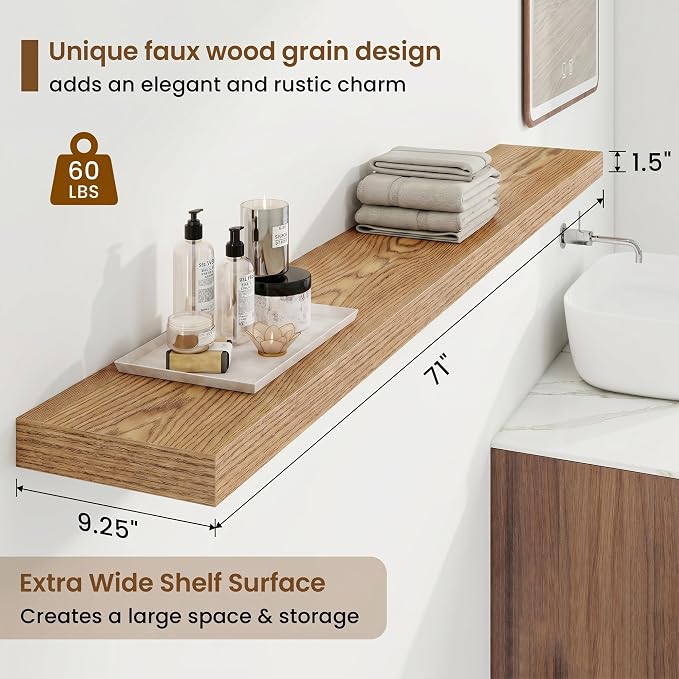 Marsmiles 55in Floating Shelves for Wall, 72" W x 9.25" D x 1.5" H, Long Wall Mounted Engineered Wood Shelves with Invisible Brackets for Living Room, Bedroom, Bathroom, Kitchen, Cedar, 2Pcs
