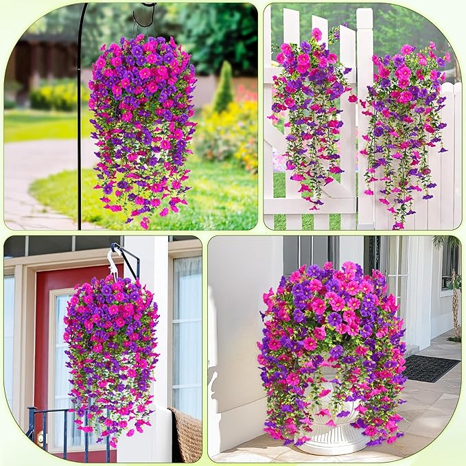Dolicer 8 Packs Look Real Artificial Flowers for Outdoors, Fake Artificial Hanging Flowers for Outdoors Realistic UV Resistant Hanging Flowers Silk Petunia Faux Flowers for Porch Patio(Purple+Fuchsia)