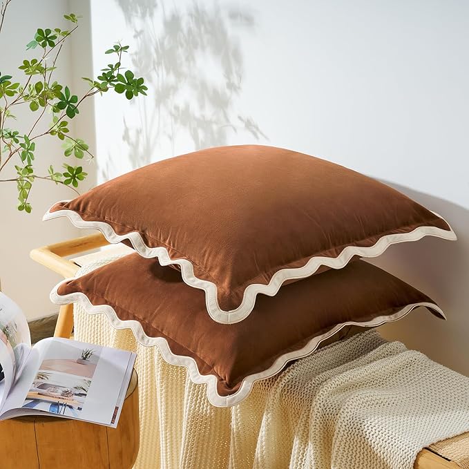 MONDAY MOOSE Decorative Throw Pillow Covers Cushion Cases, Set of 2 Soft Velvet Scalloped Wavy Edge Designs, Mix and Match for Home Decor, Pillow Inserts Not Included (18x18 inch, Beige/Brown)