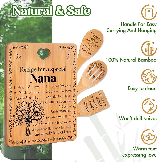 Gifts for Nana - "Recipe for a Special Nana" Nana Birthday Gifts Cutting Board Set, Bamboo-Made Engraved Utensil Set Nana Birthday Gifts, Grammy/Nanny/Granny/Gran Presents, Mothers Day Gifts for Nana