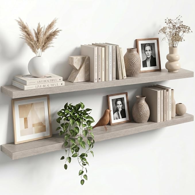 55" Floating Shelves for Wall, Set of 2, 8" Deep, 1.5" Thick, Gray | Rustic Wood Wall Shelves with Invisible Brackets, Storage and Display for Bathroom, Bedroom, Living Room or Kitchen